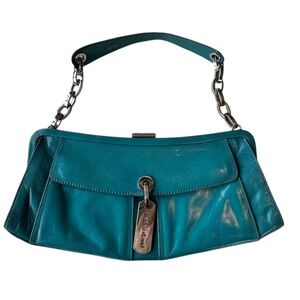 Teal Leather Baguette Shoulder Bag Chain Strap Y2K Vintage Charles David Purse